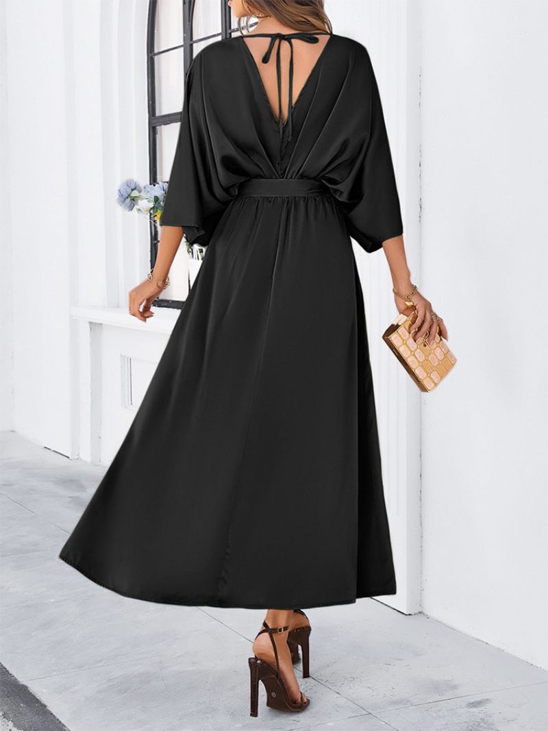 Robe Soirée Pour Femmes Dos V Ceinturée Fente Trois Quarts Robes Maxi Élégantes - Noir