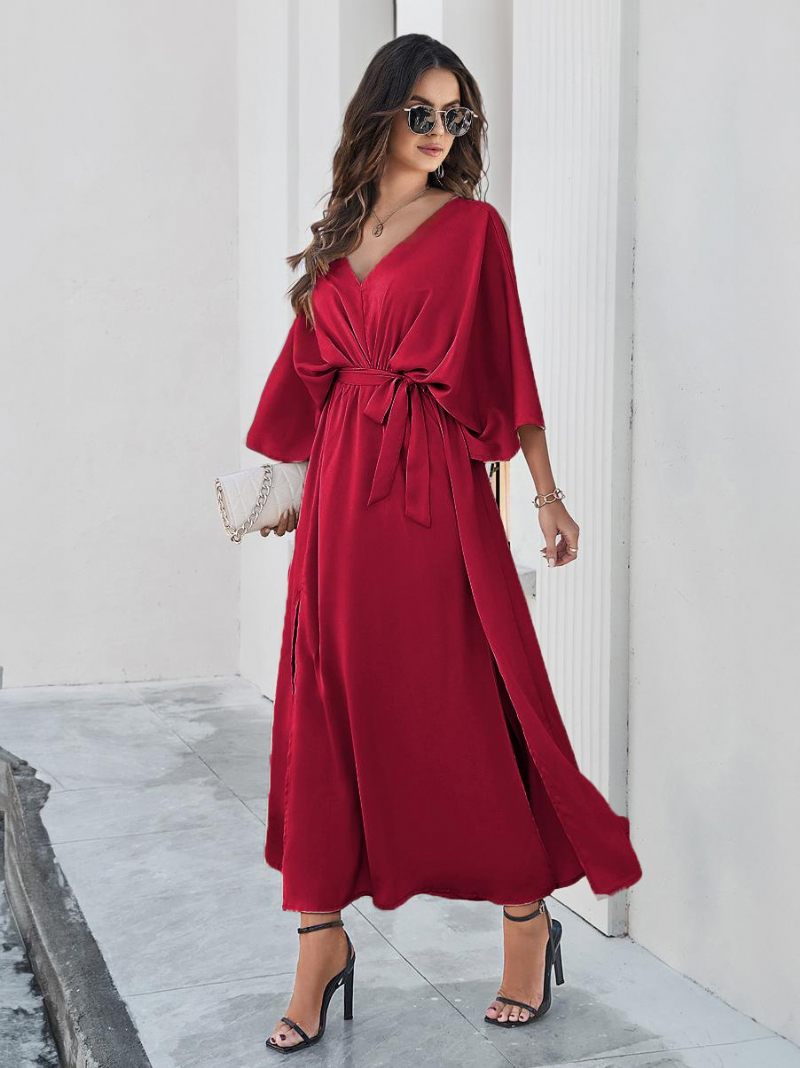 Robe Soirée Pour Femmes Dos V Ceinturée Fente Trois Quarts Robes Maxi Élégantes - Bourgogne