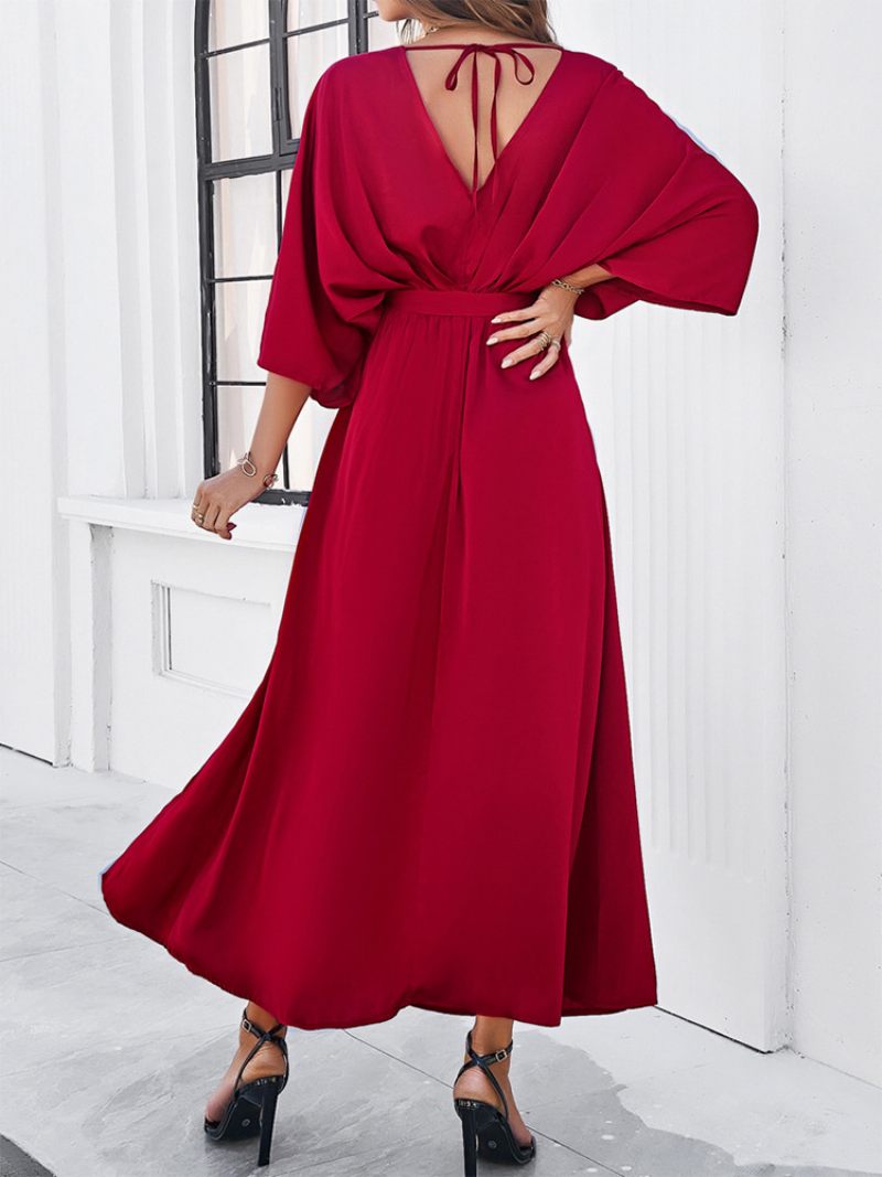 Robe Soirée Pour Femmes Dos V Ceinturée Fente Trois Quarts Robes Maxi Élégantes - Bourgogne