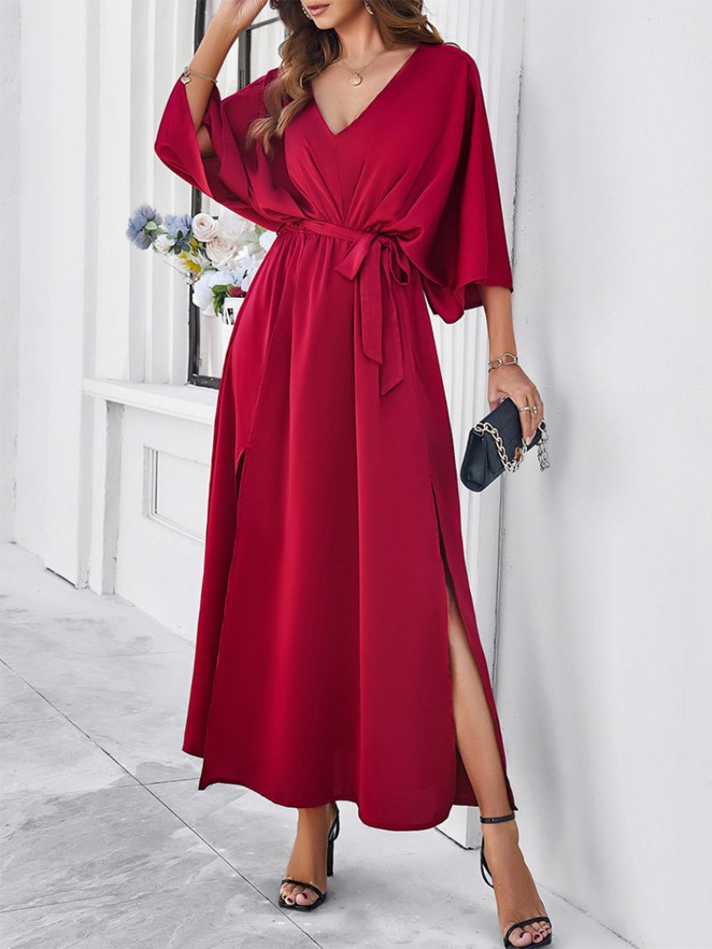 Robe Soirée Pour Femmes Dos V Ceinturée Fente Trois Quarts Robes Maxi Élégantes - Bourgogne