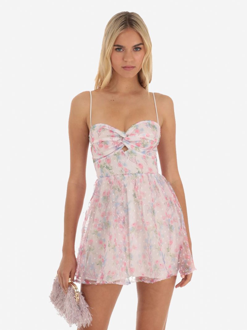 Robe Soirée Imprimée Florale Pour Femmes Bretelles Spaghetti Découpes Mini Robes Torsadées Sur Le Devant