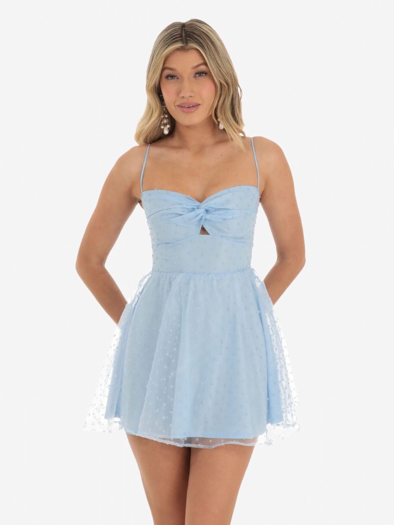 Robe Soirée Imprimée Florale Pour Femmes Bretelles Spaghetti Découpes Mini Robes Torsadées Sur Le Devant - Bleu Ciel Clair