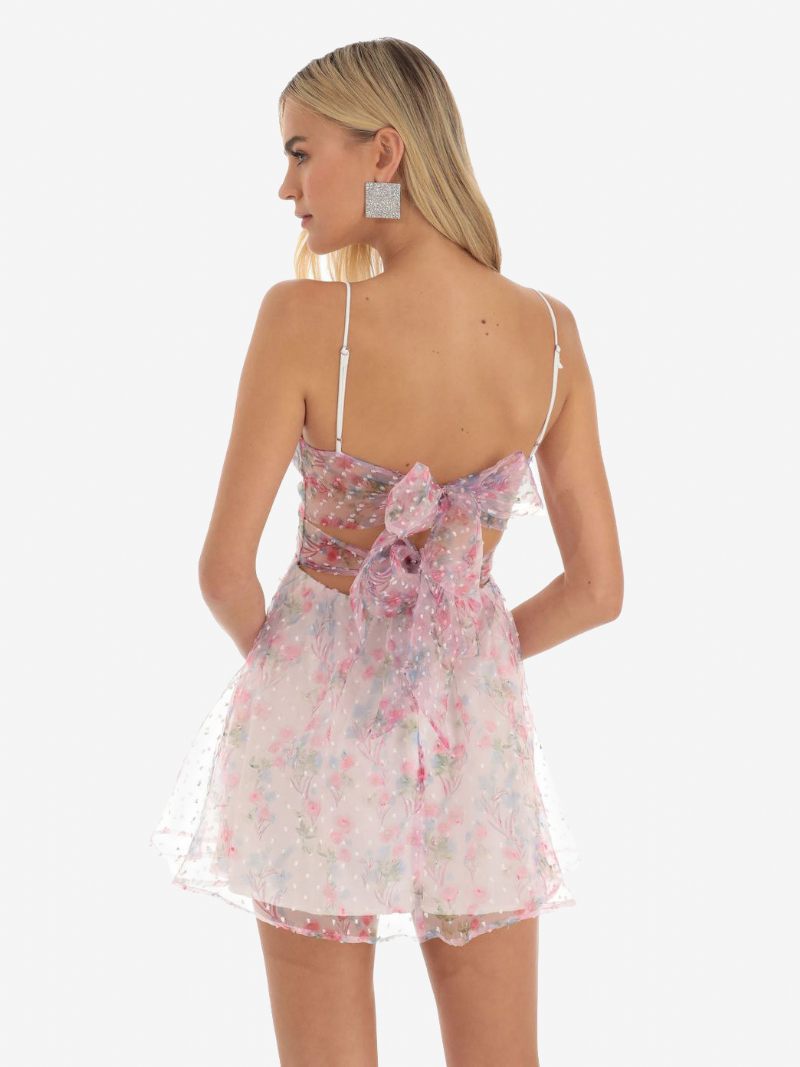 Robe Soirée Imprimée Florale Pour Femmes Bretelles Spaghetti Découpes Mini Robes Torsadées Sur Le Devant - Rose