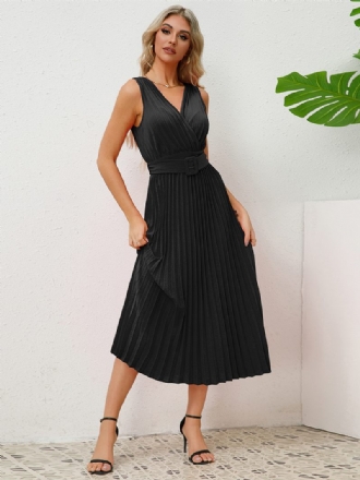 Robe Soirée Sans Manches Pour Femmes Col V Jupe Plissée Avec Ceinture Accordéon Robes Mi-longues