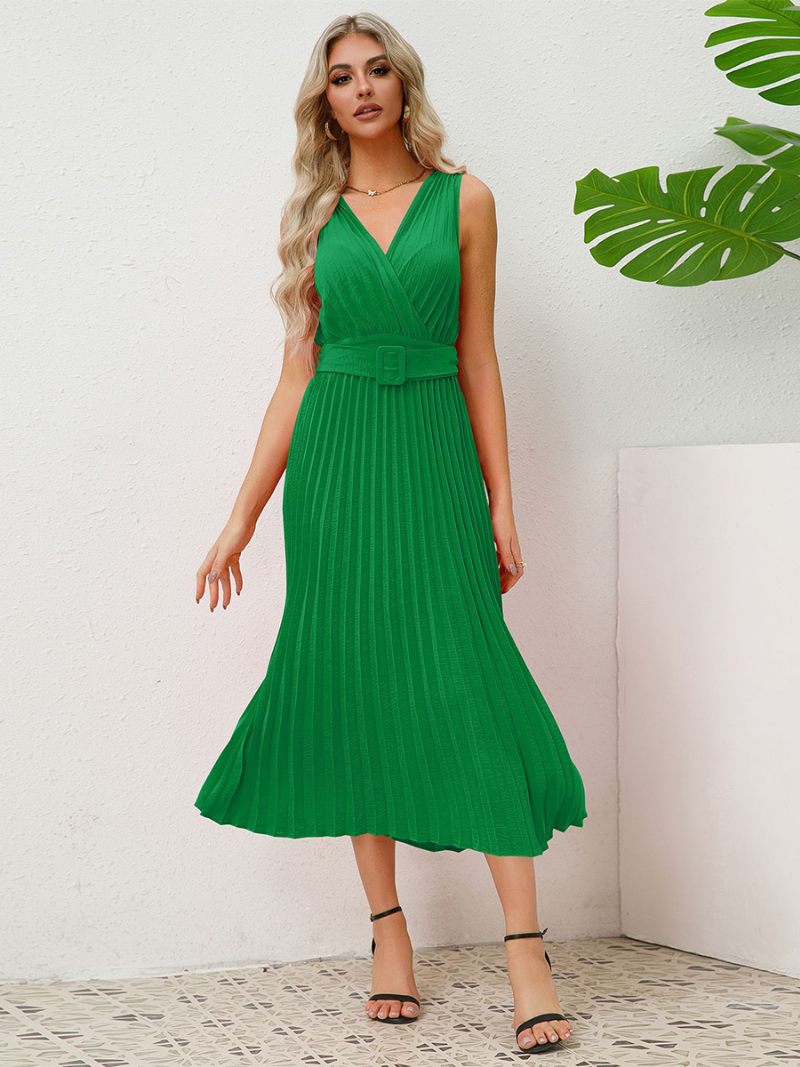 Robe Soirée Sans Manches Pour Femmes Col V Jupe Plissée Avec Ceinture Accordéon Robes Mi-longues - Vert