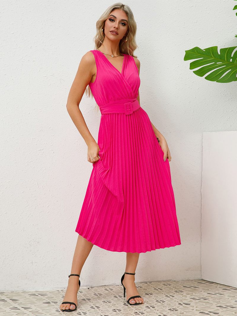 Robe Soirée Sans Manches Pour Femmes Col V Jupe Plissée Avec Ceinture Accordéon Robes Mi-longues - Rose