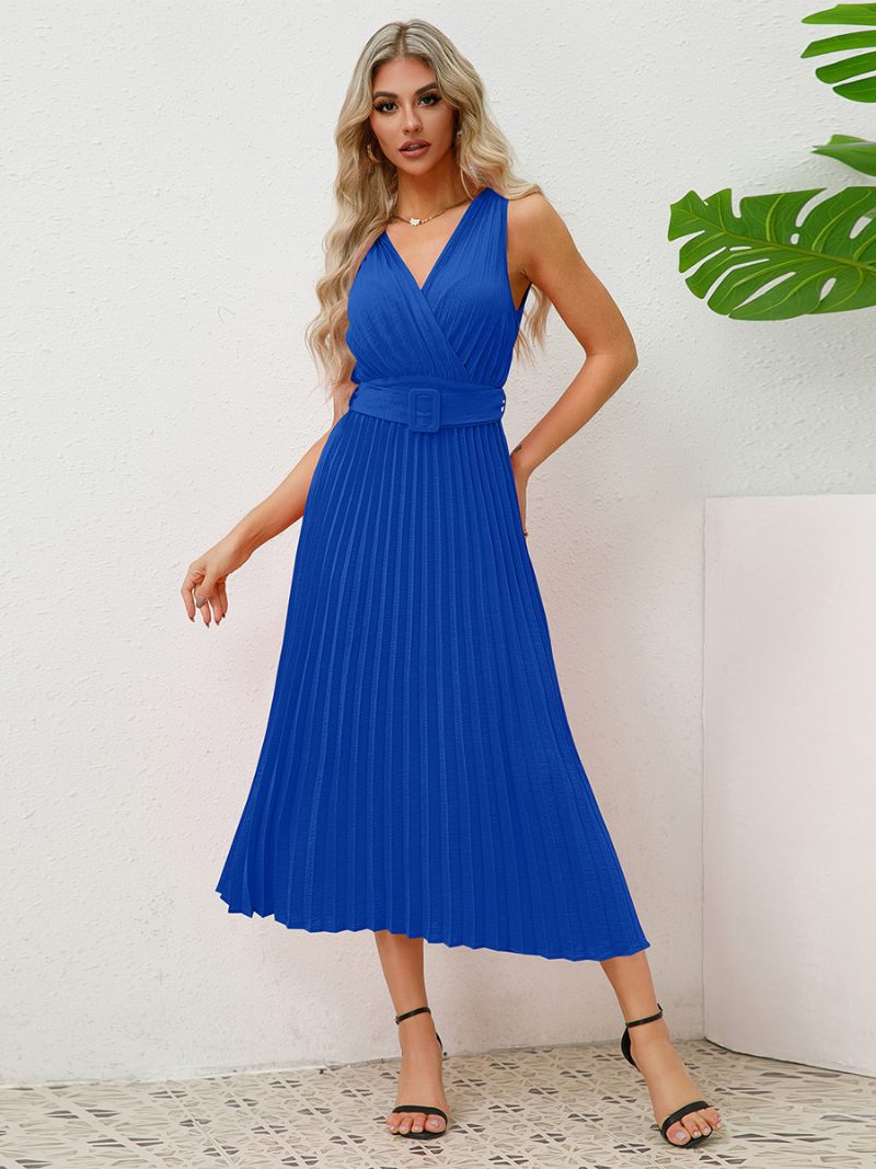 Robe Soirée Sans Manches Pour Femmes Col V Jupe Plissée Avec Ceinture Accordéon Robes Mi-longues - Bleu