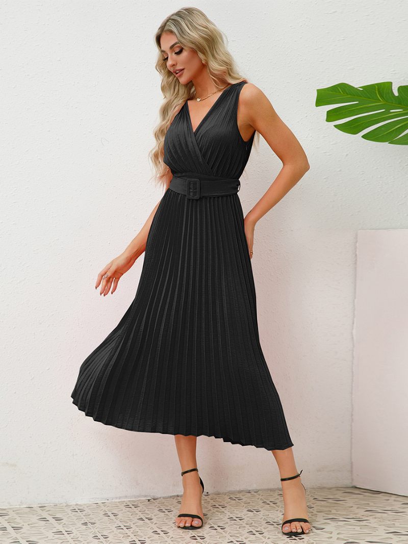 Robe Soirée Sans Manches Pour Femmes Col V Jupe Plissée Avec Ceinture Accordéon Robes Mi-longues - Noir