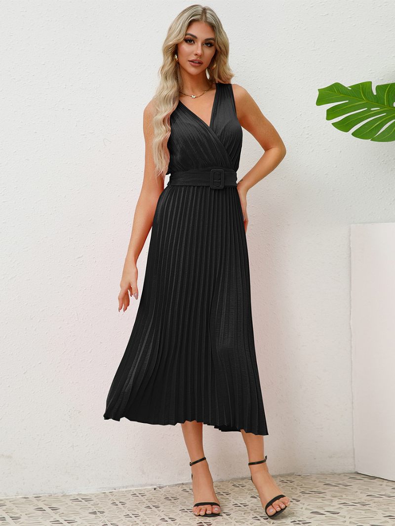 Robe Soirée Sans Manches Pour Femmes Col V Jupe Plissée Avec Ceinture Accordéon Robes Mi-longues - Noir