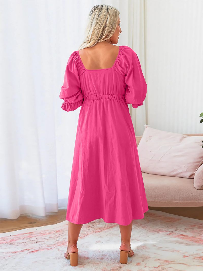 Robe Trapèze Pour Femmes Col Cœur Manches Bouffantes Nouées Découpe Robes D'été Décontractées - Rose