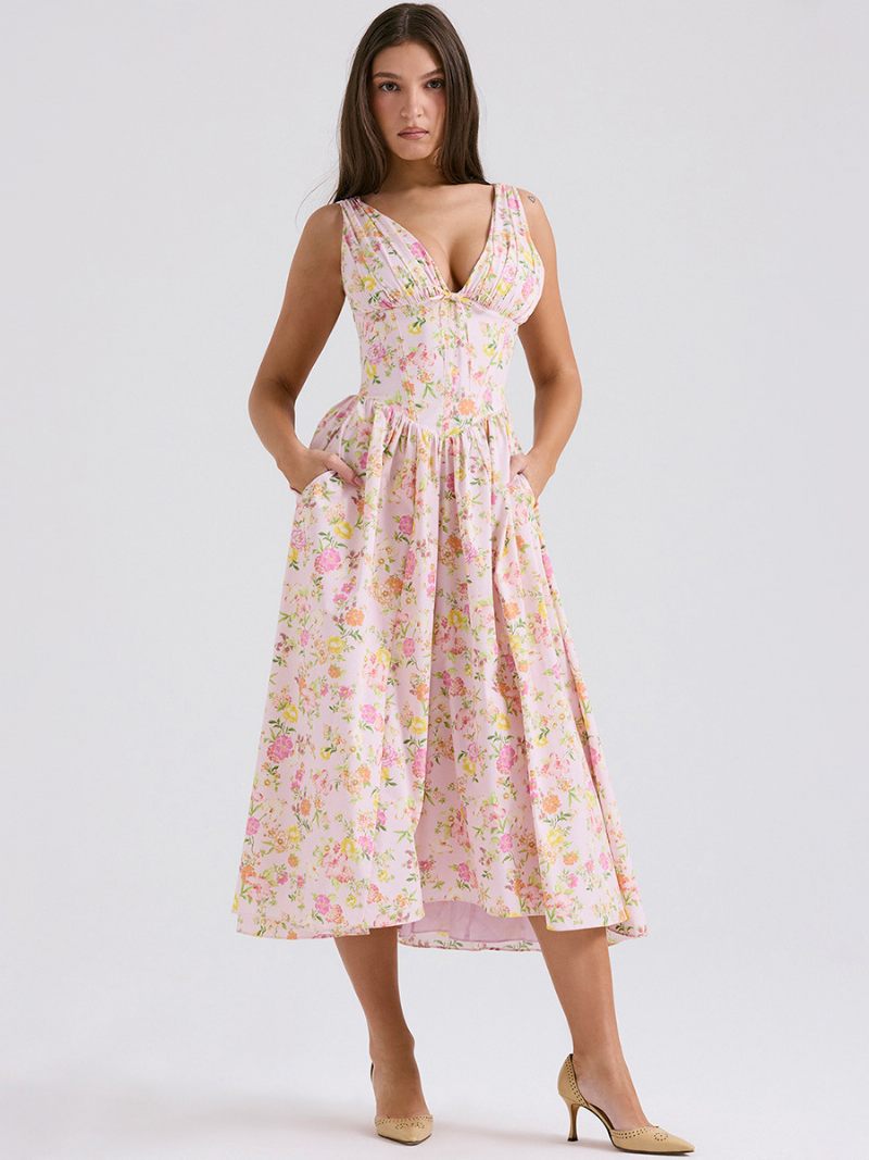 Robe Trapèze À Fleurs Pour Femmes Col V Taille Empire Plissée Robes Mi-longues Bal Fin D'année - Rose