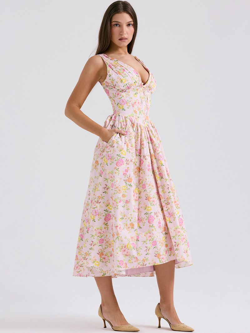 Robe Trapèze À Fleurs Pour Femmes Col V Taille Empire Plissée Robes Mi-longues Bal Fin D'année - Rose