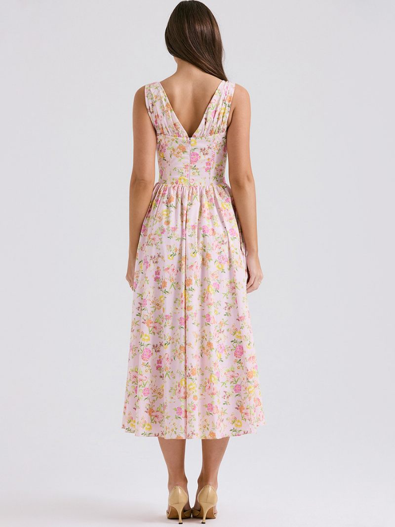 Robe Trapèze À Fleurs Pour Femmes Col V Taille Empire Plissée Robes Mi-longues Bal Fin D'année - Rose