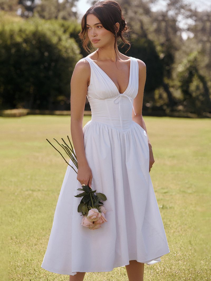 Robe Trapèze À Fleurs Pour Femmes Col V Taille Empire Plissée Robes Mi-longues Bal Fin D'année - Blanc