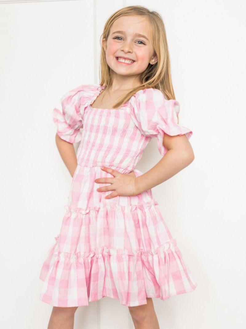 Robe Vichy Rose Barbie Pour Femme Tenue D'été Moyenne À Carreaux Col Carré Parent-enfant - Rose