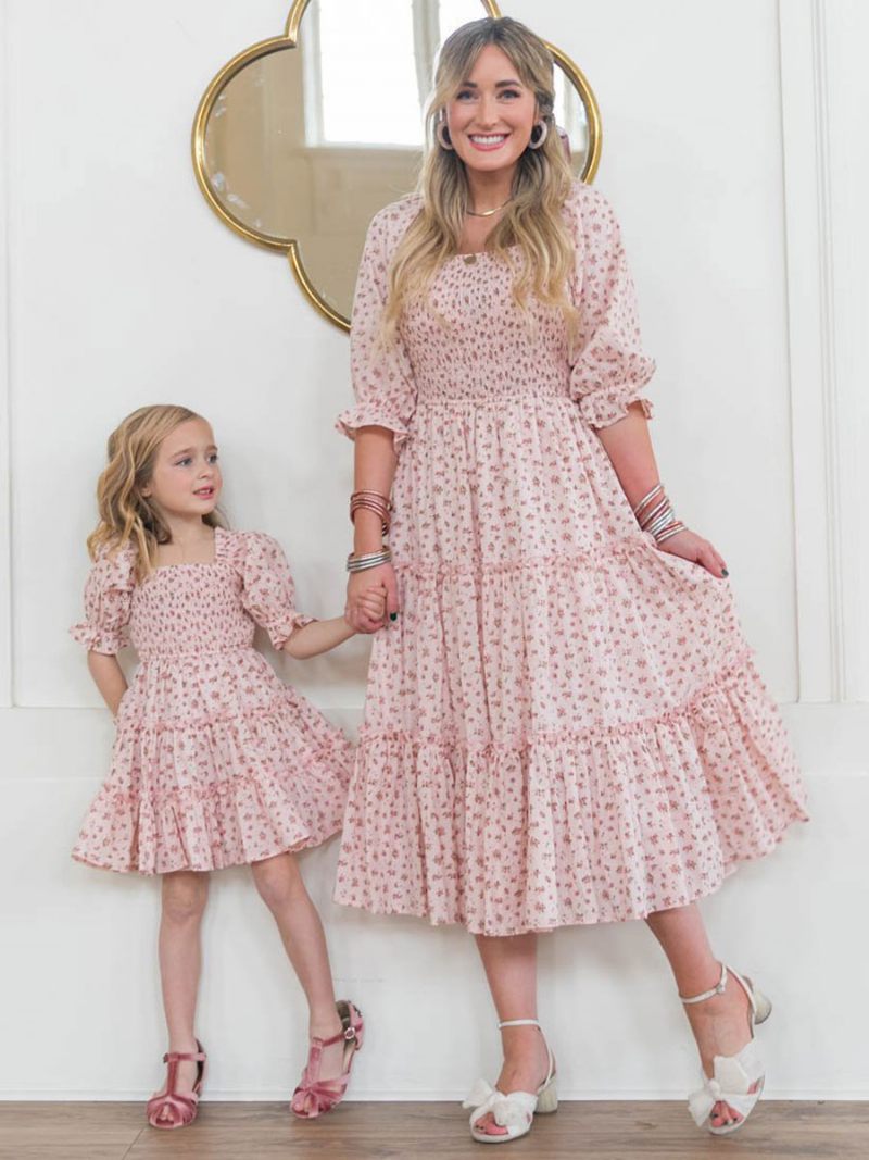 Robe Vichy Rose Barbie Pour Femme Tenue D'été Moyenne À Carreaux Col Carré Parent-enfant - Rose Tendre