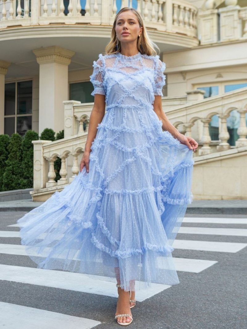 Robe À Volants Pour Femmes Décolleté Illusion Superposés Tulle Robes Longues - Bleu Ciel Clair