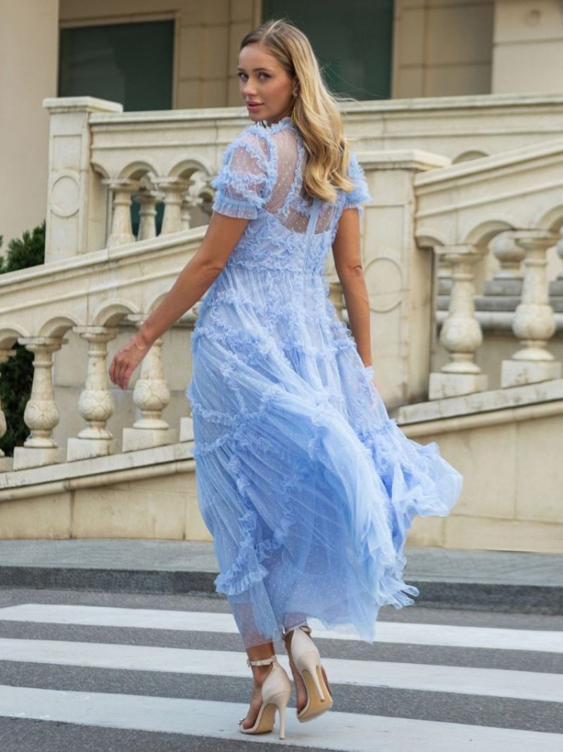 Robe À Volants Pour Femmes Décolleté Illusion Superposés Tulle Robes Longues - Bleu Ciel Clair