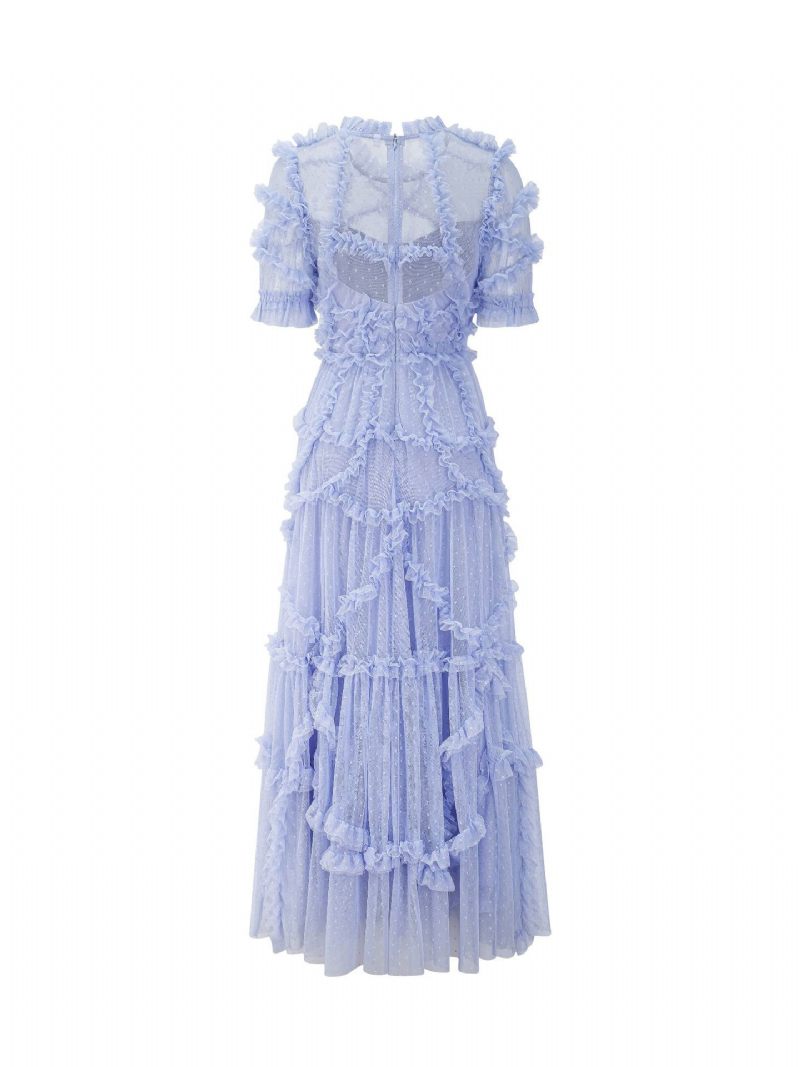 Robe À Volants Pour Femmes Décolleté Illusion Superposés Tulle Robes Longues - Bleu Ciel Clair