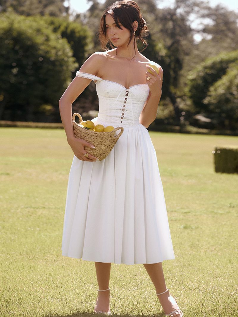 Robes Soirée Pour Femmes Bretelles Blanches Col À Lacets Sans Manches Robe Semi-formelle - Blanc