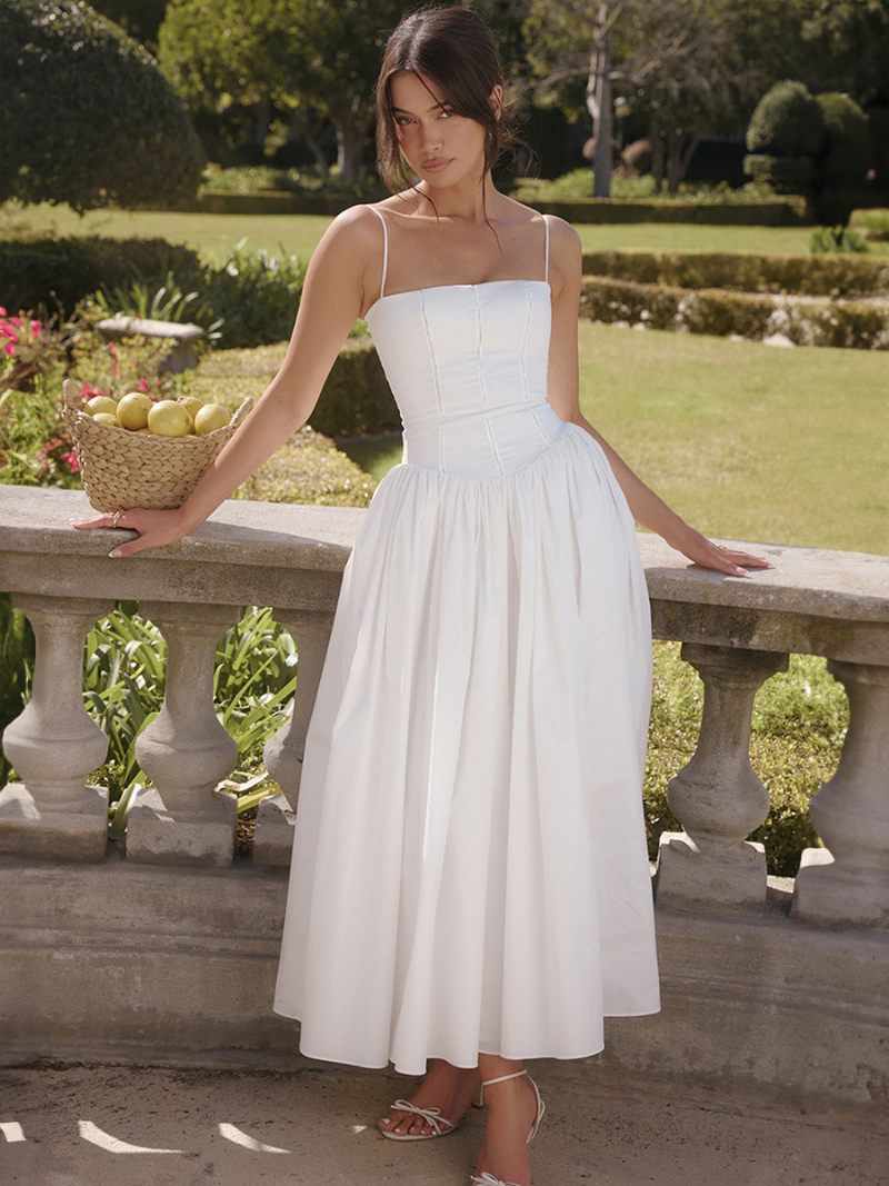 Robes Soirée Pour Femmes Bretelles Blanches Col Plissé Sans Manches Robe Semi-formelle - Blanc