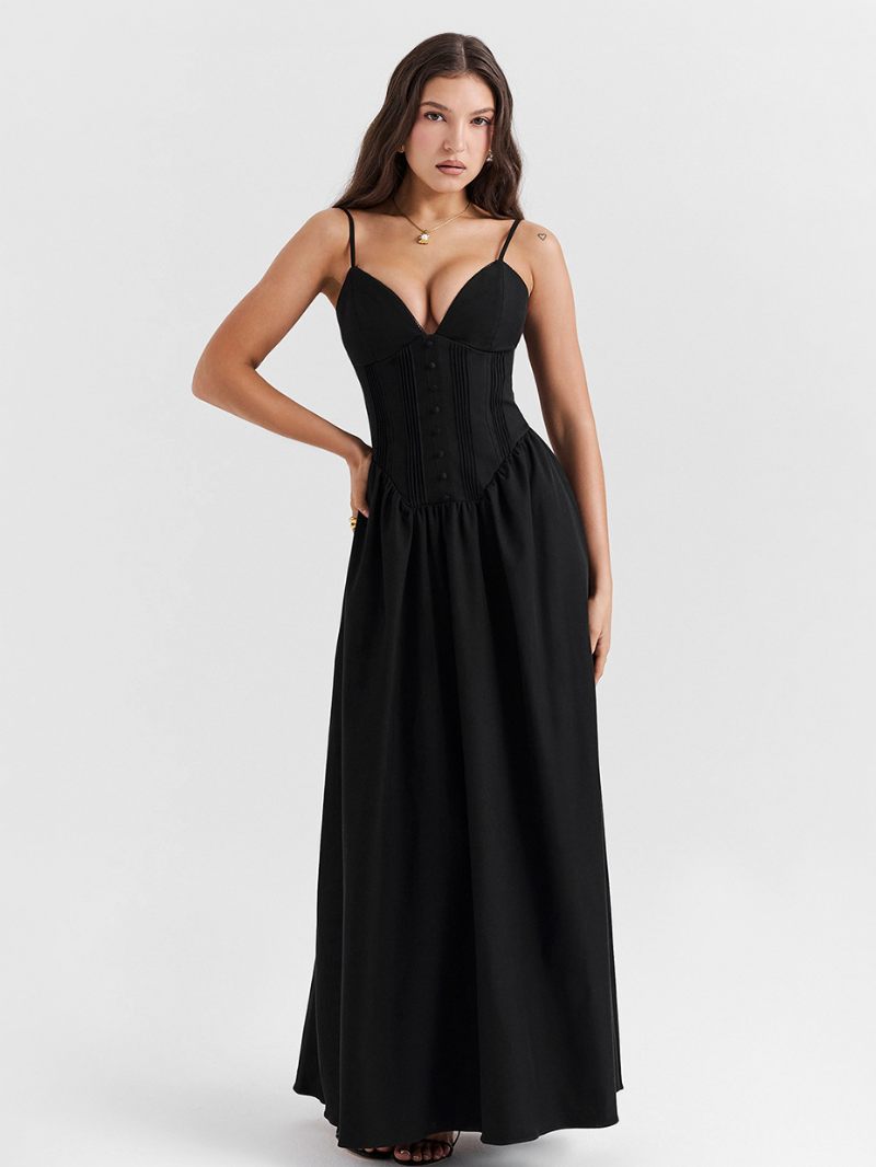 Robes Soirée Pour Femmes Bretelles Noires Boutons Cou Sans Manches Robe Semi-formelle Irrégulière