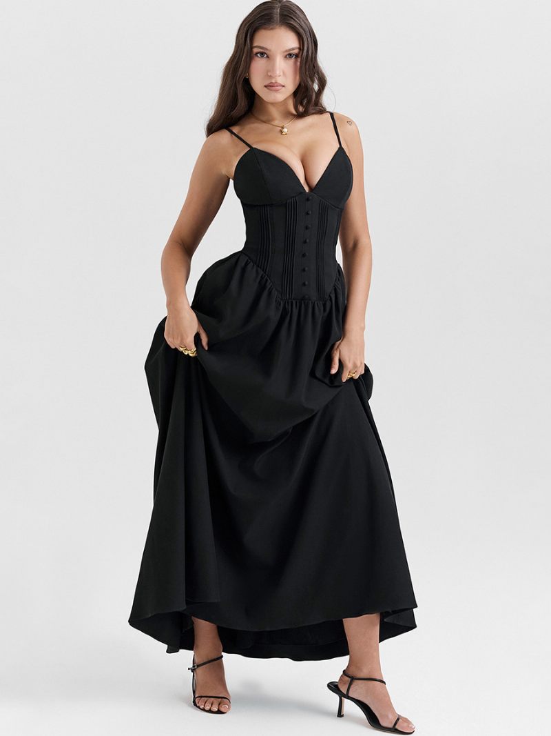 Robes Soirée Pour Femmes Bretelles Noires Boutons Cou Sans Manches Robe Semi-formelle Irrégulière - Noir