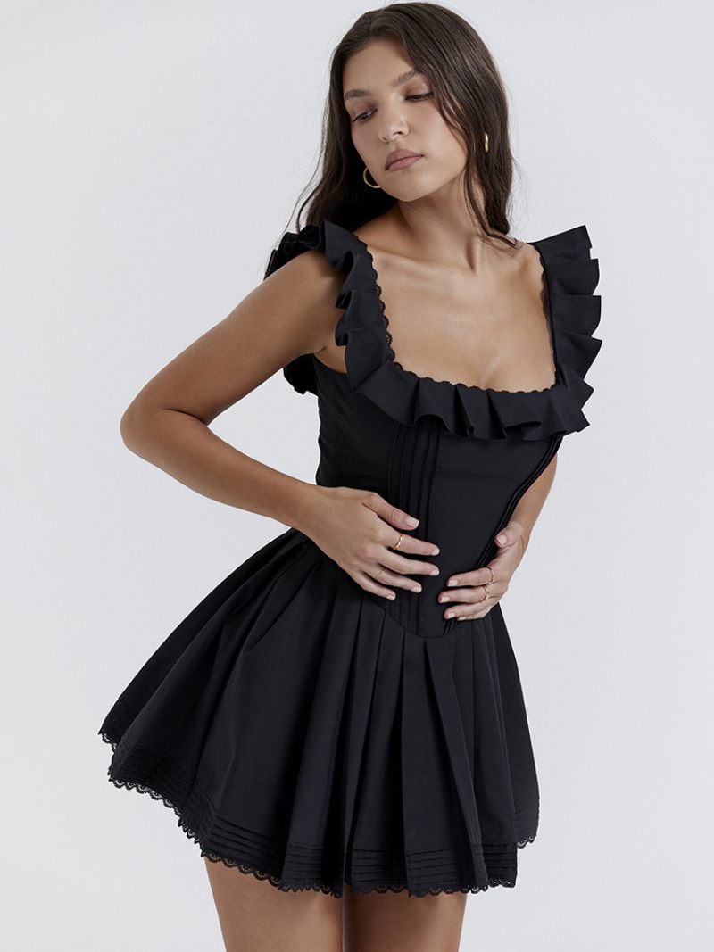 Robes Soirée Pour Femmes Bretelles Noires Col Plissé Sans Manches Robe Semi-formelle Irrégulière - Noir