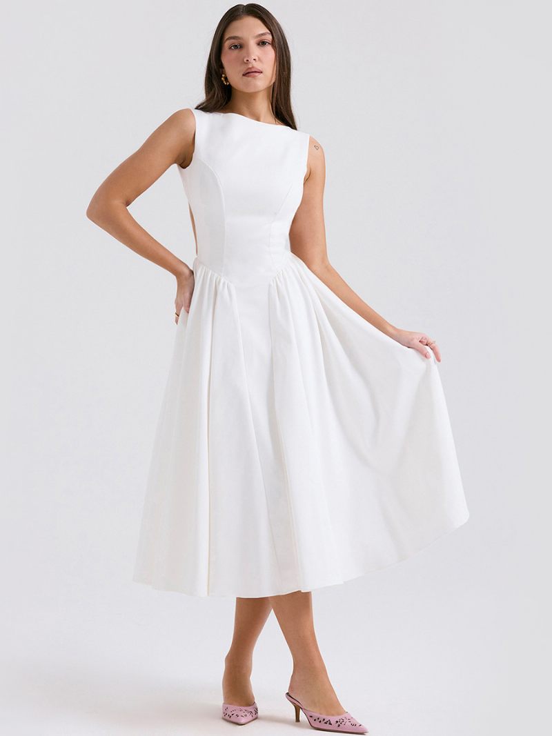 Robes Soirée Pour Femmes Robe Semi-formelle Plissée Sans Manches À Col Bijou Blanc