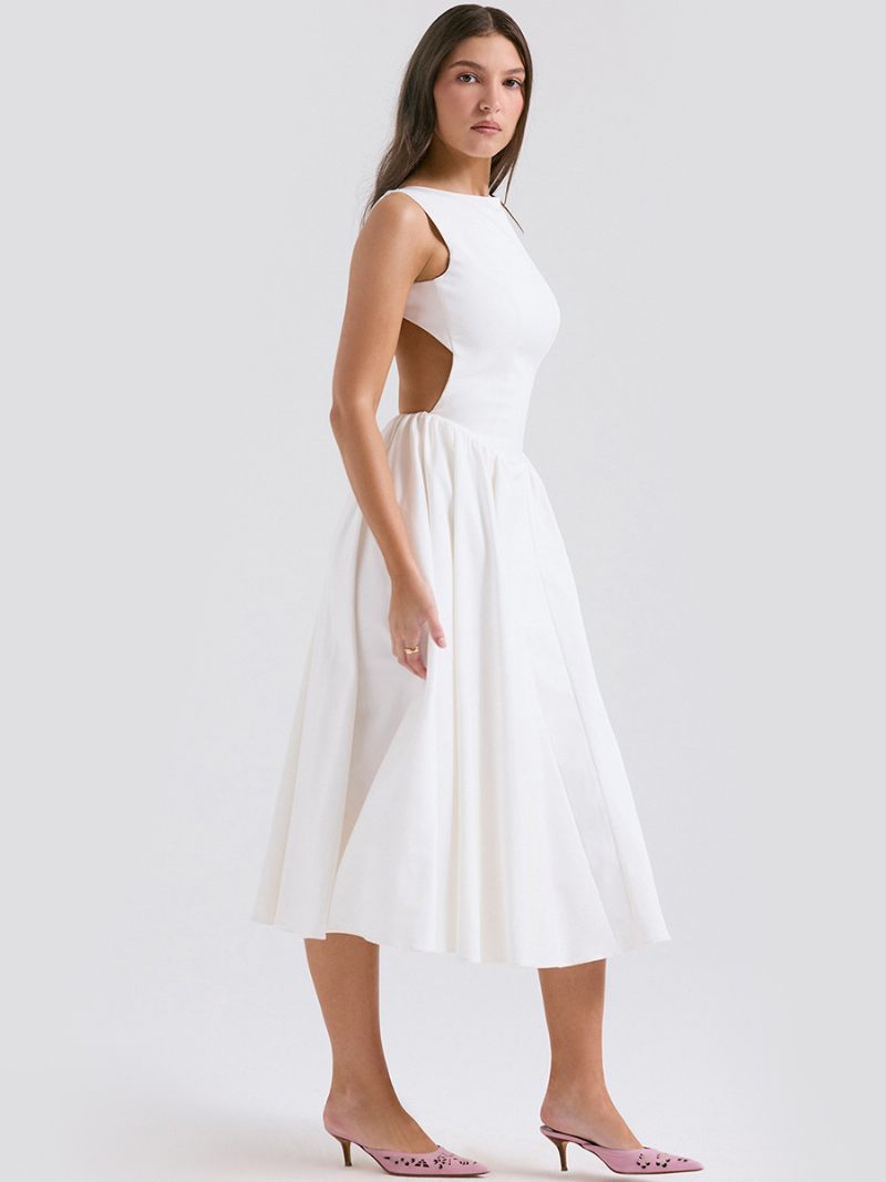 Robes Soirée Pour Femmes Robe Semi-formelle Plissée Sans Manches À Col Bijou Blanc - Blanc