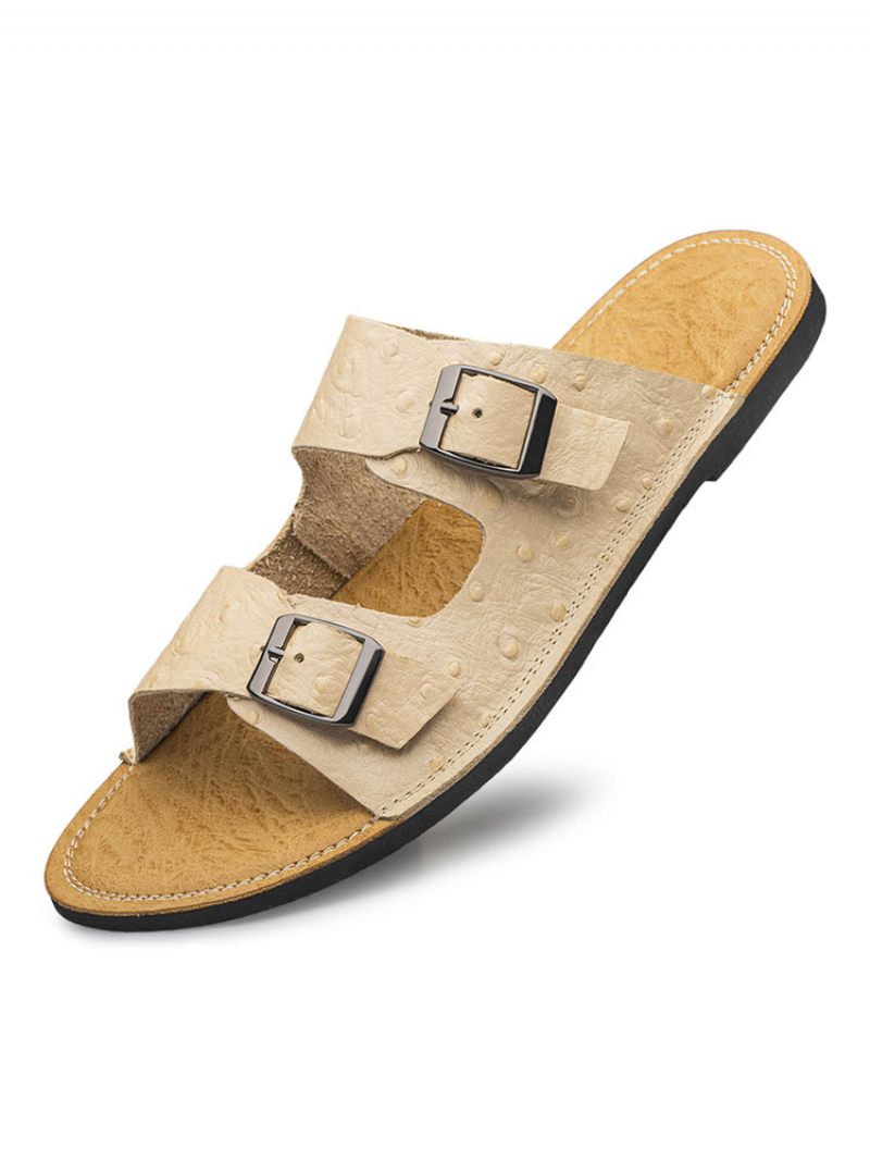 Sandales À Enfiler Cuir Vache Pour Hommes Semelle Caoutchouc - Beige