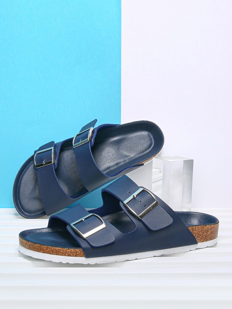 Sandales À Enfiler Pour Hommes Bloc Couleur Semelle Fendue Cuir Pu - Bleu Profond