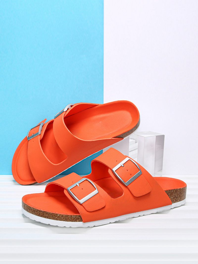 Sandales À Enfiler Pour Hommes Bloc Couleur Semelle Fendue Cuir Pu - Orange Rouge