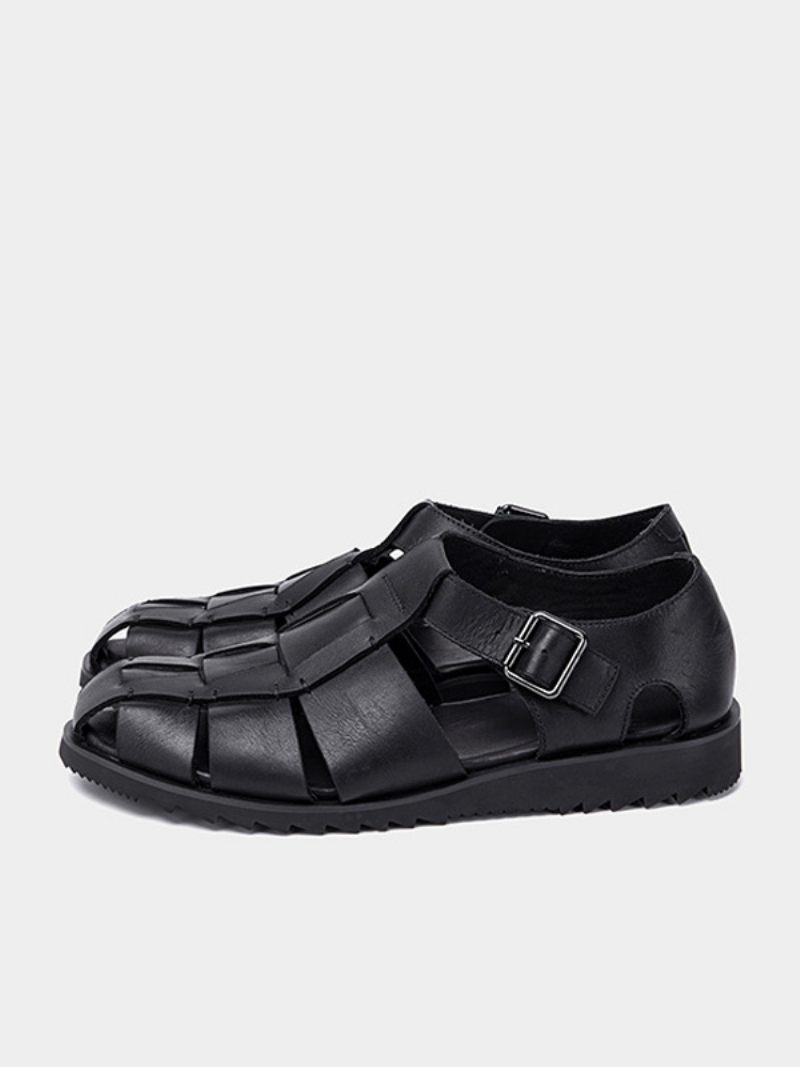 Sandales Pour Hommes Cuir Pu Avec Semelle Caoutchouc - Noir