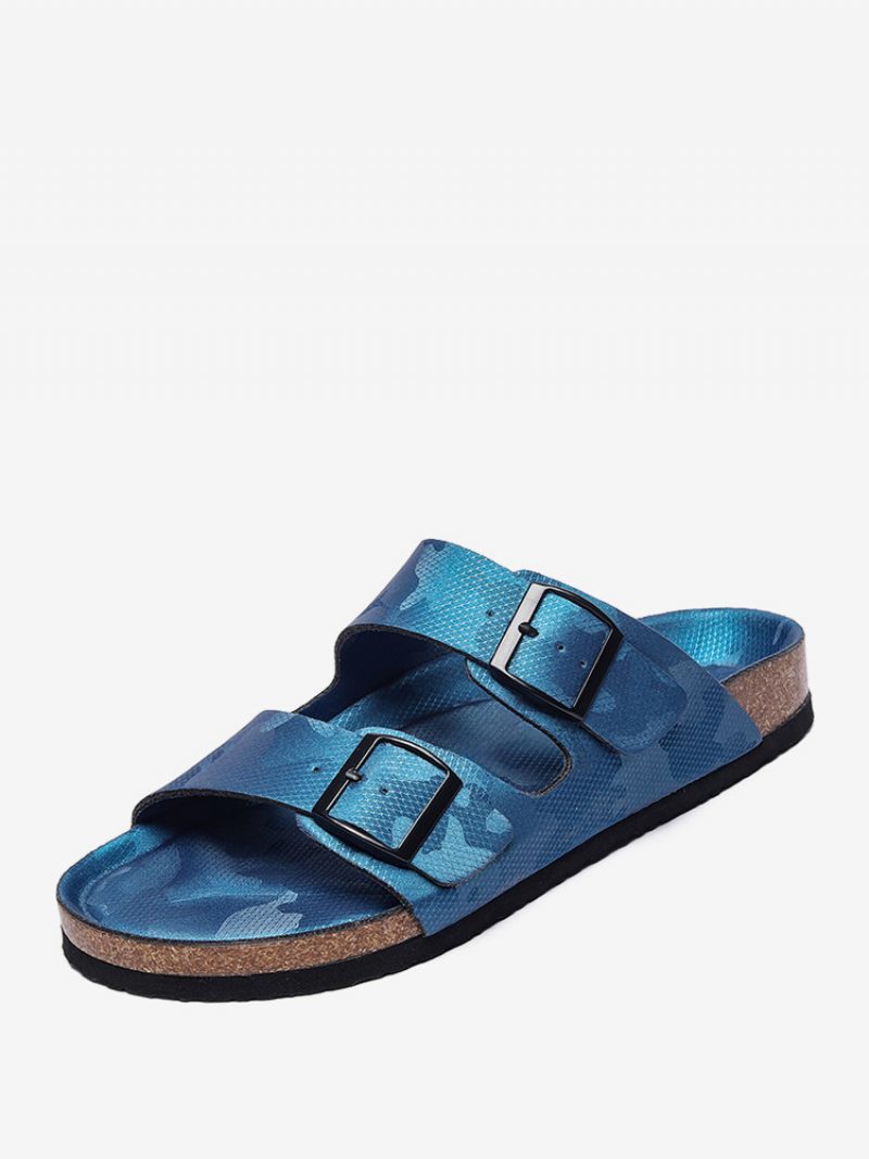 Sandales Pour Hommes À Enfiler Bloc Couleur Cuir Pu Semelle Fendue - Bleu