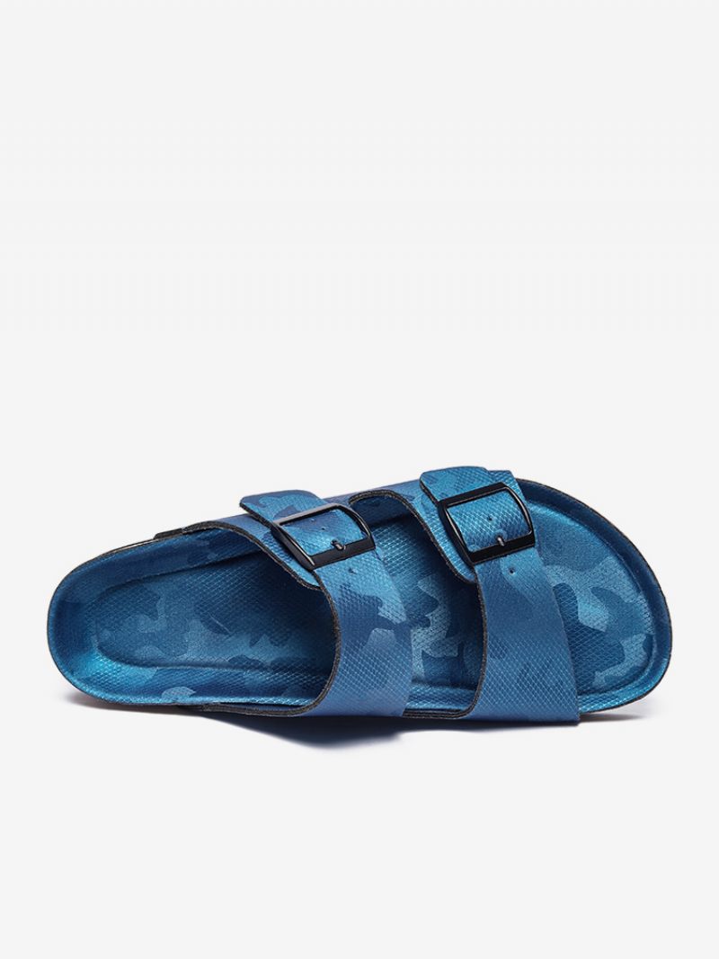 Sandales Pour Hommes À Enfiler Bloc Couleur Cuir Pu Semelle Fendue - Bleu