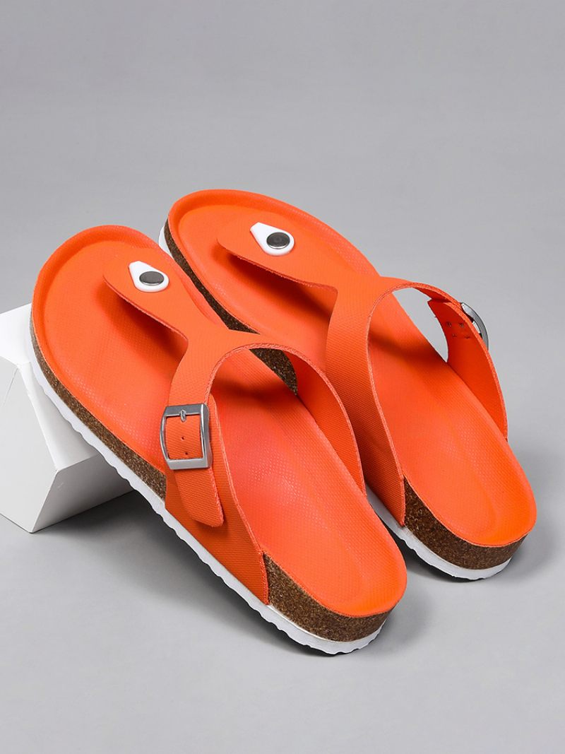 Sandales Pour Hommes À Enfiler Bloc Couleur Cuir Pu Semelle Fendue - Orange