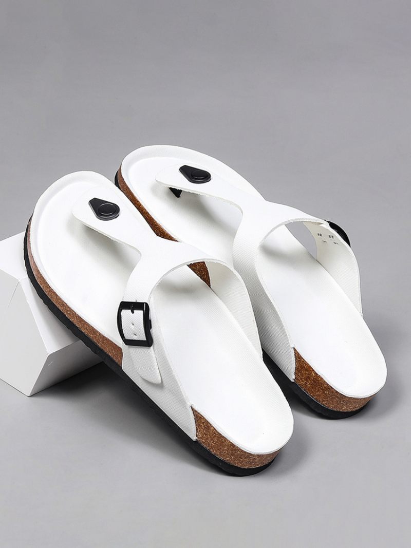 Sandales Pour Hommes À Enfiler Bloc Couleur Cuir Pu Semelle Fendue - Blanc