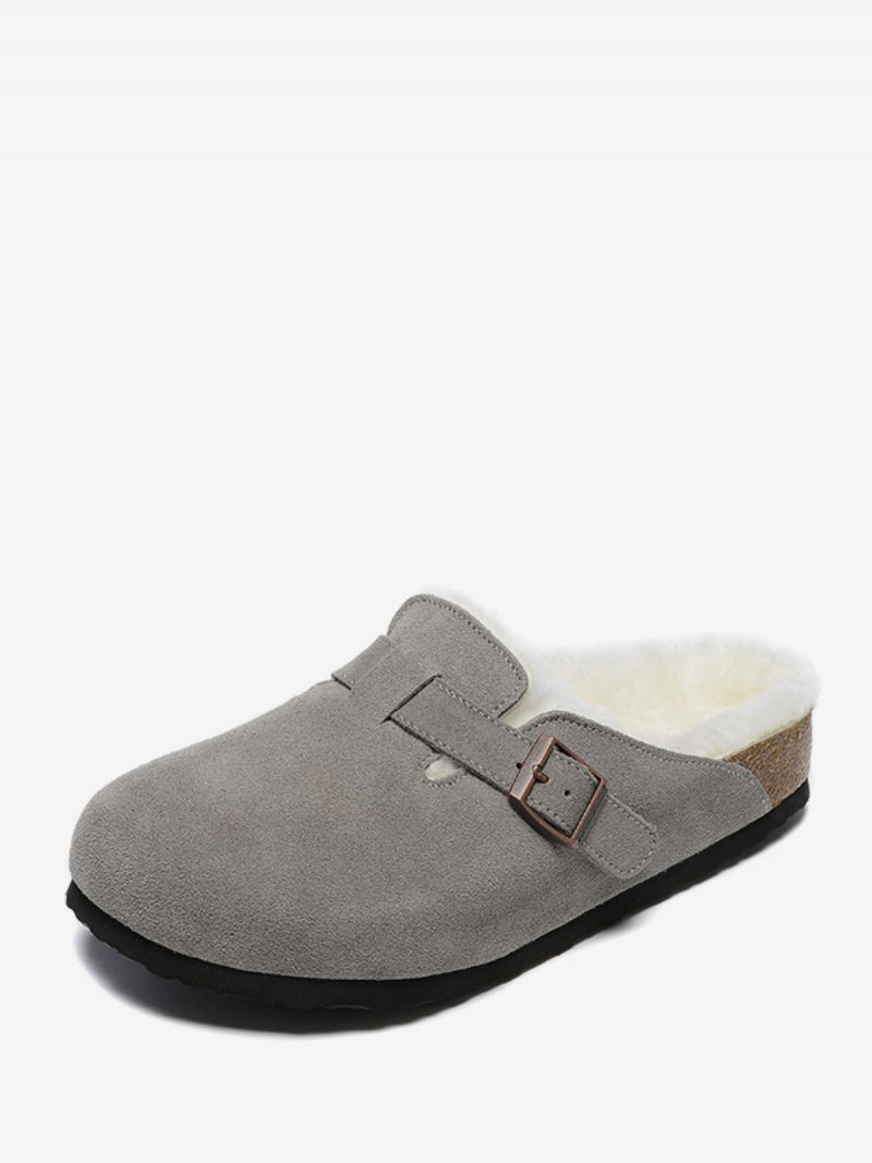 Sandales Pour Hommes À Enfiler Bloc Couleur Peau Vache Bois Sangle Réglable Boucle Pantoufles Fourrure Plates - Gris