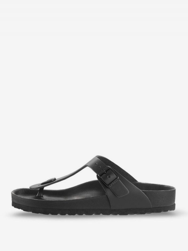 Sandales Pour Hommes À Enfiler Cuir Pu Avec Semelle Caoutchouc Plates - Noir