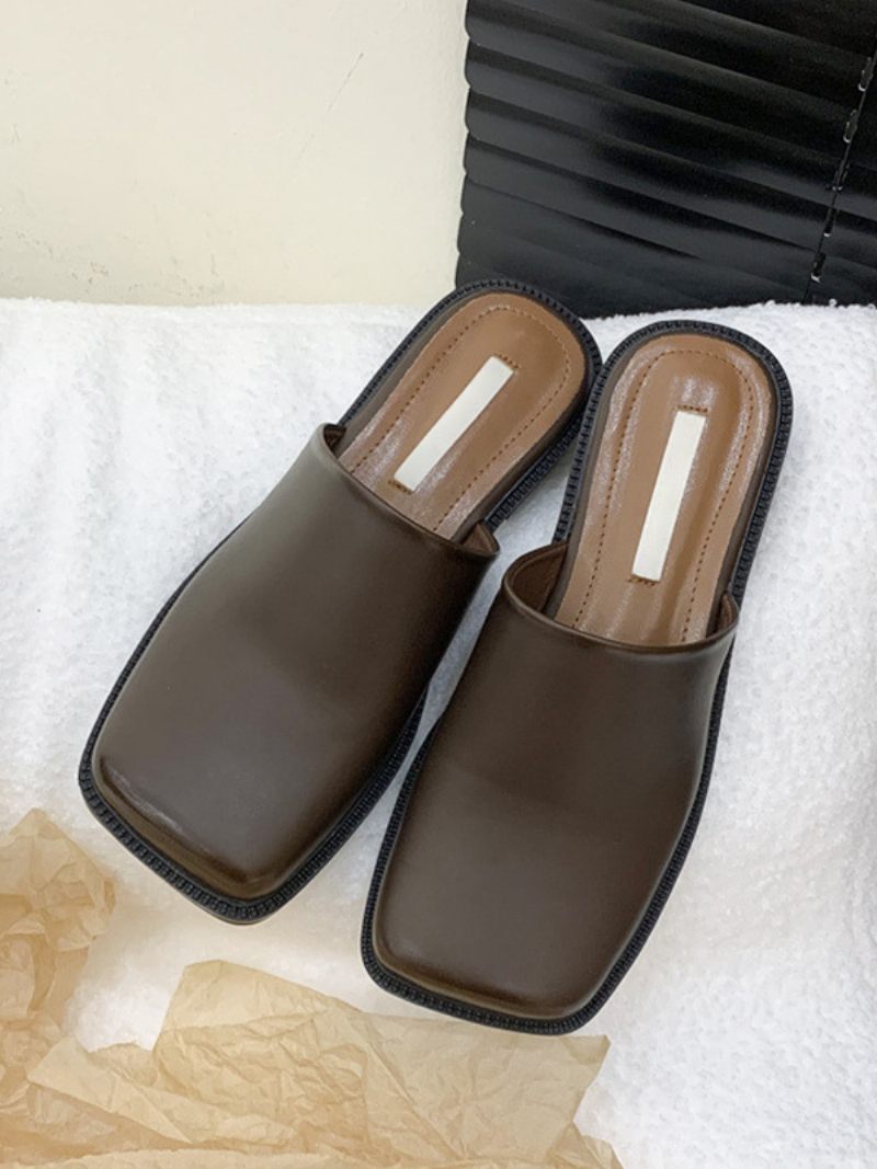 Chaussures Mules Blanches À Bout Carré Et Talon Chiot Pour Femmes - Marron Café