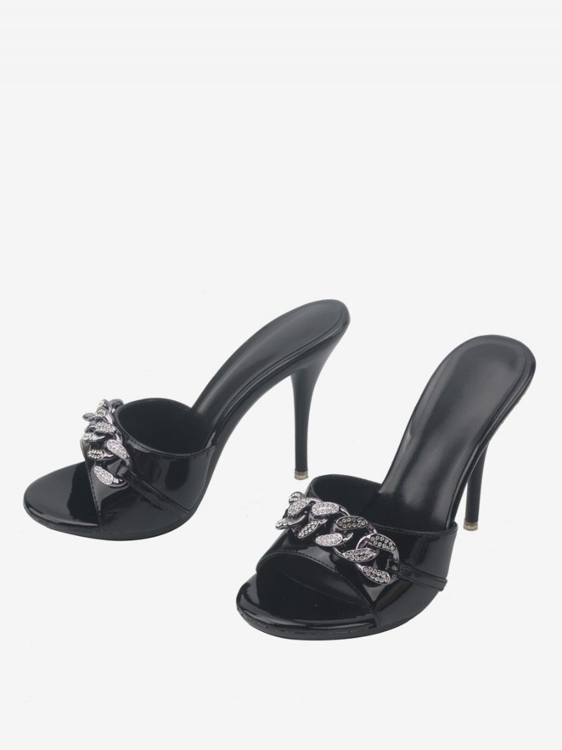 Femmes Boutons Bout Rond Pu Cuir Slide Sandales Talon Aiguille Noir - Noir