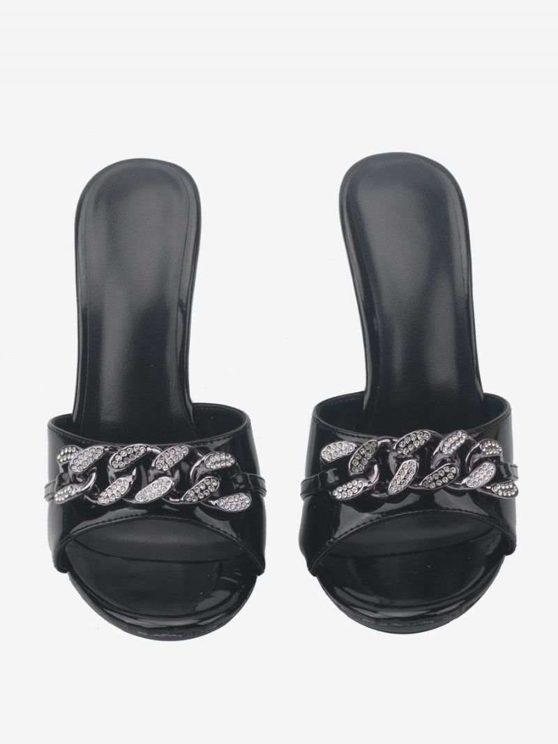 Femmes Boutons Bout Rond Pu Cuir Slide Sandales Talon Aiguille Noir - Noir