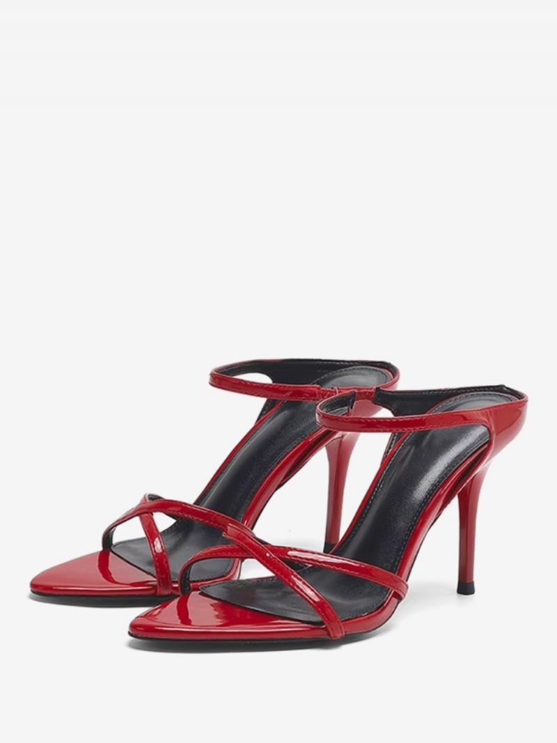 Femmes Découpé Bout Pointu Pu Cuir Slide Sandales Talon Aiguille Noir - Rouge