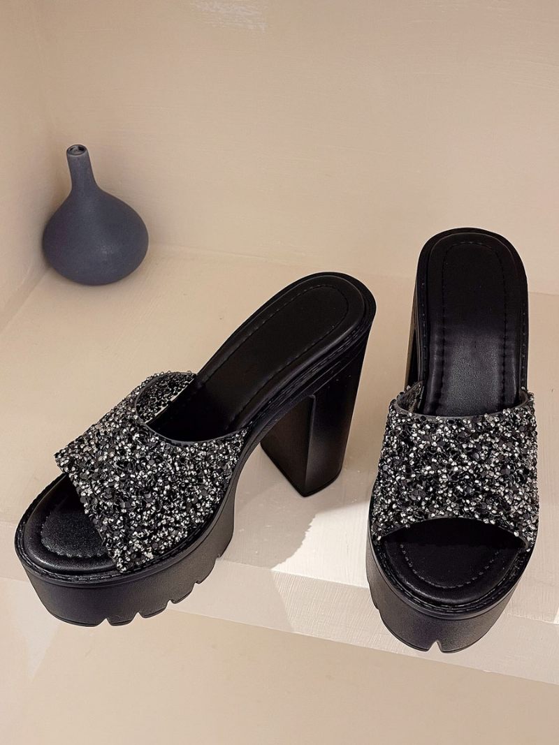 Femmes Paillettes Slingbacks Talon Chunky Mules Pu Cuir Noir