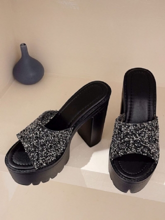 Femmes Paillettes Slingbacks Talon Chunky Mules Pu Cuir Noir