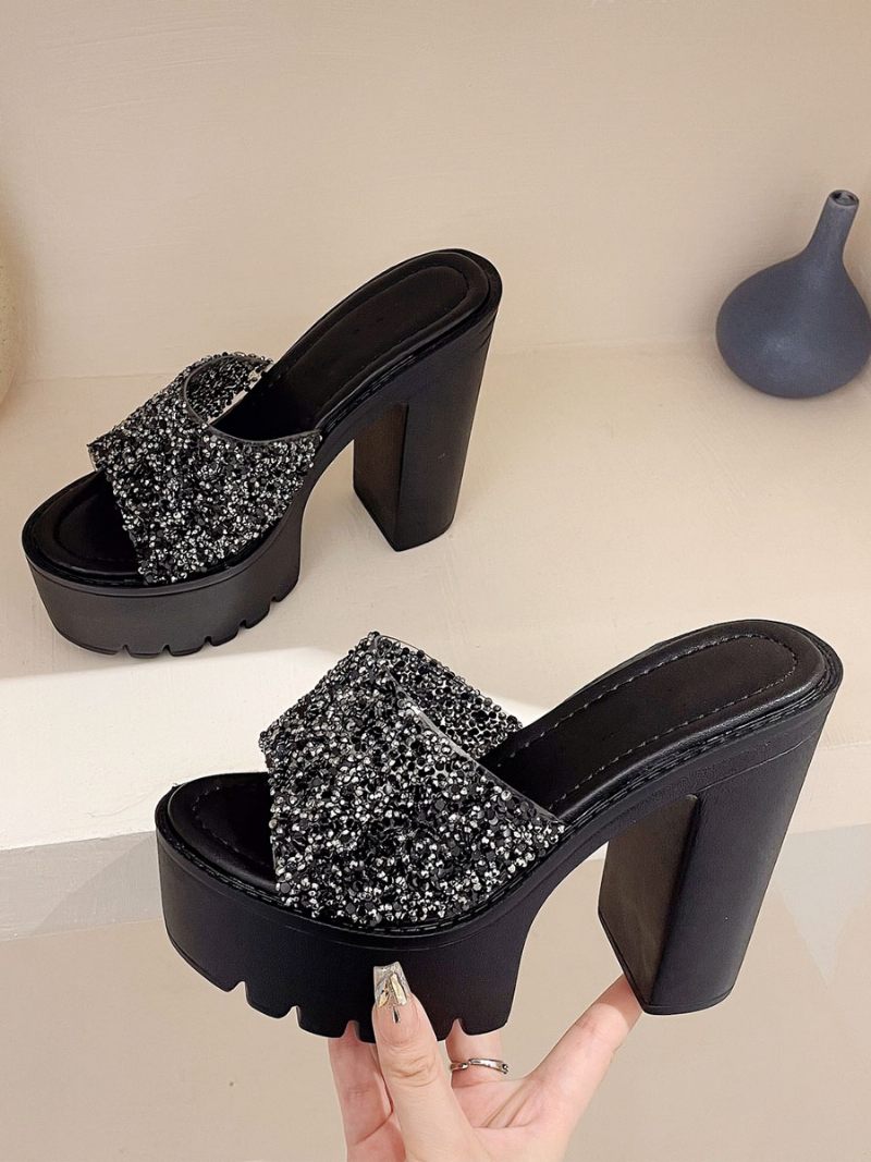 Femmes Paillettes Slingbacks Talon Chunky Mules Pu Cuir Noir - Noir