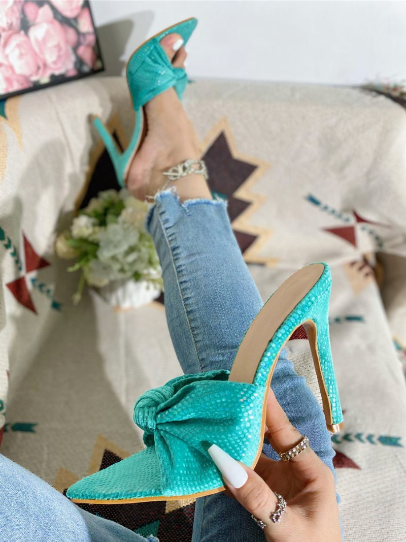 Femmes Slide Sandales Chic Plissé Nubuck Multicolore Peep Toe Talon Aiguille Pantoufles - Bleu Cyan