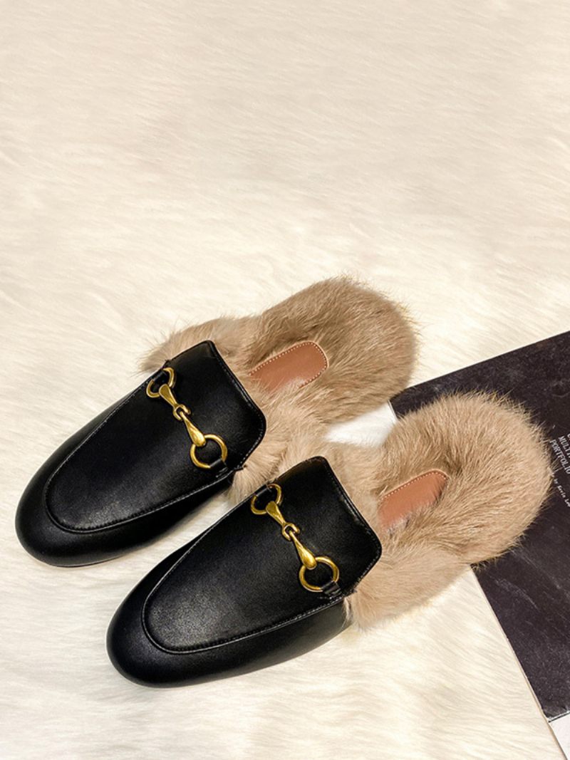 Mocassins Mules Pour Femmes Noirs Bout Rond Détail Fausse Fourrure Chaussures Dos Nu