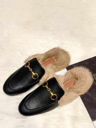 Mocassins Mules Pour Femmes Noirs Bout Rond Détail Fausse Fourrure Chaussures Dos Nu